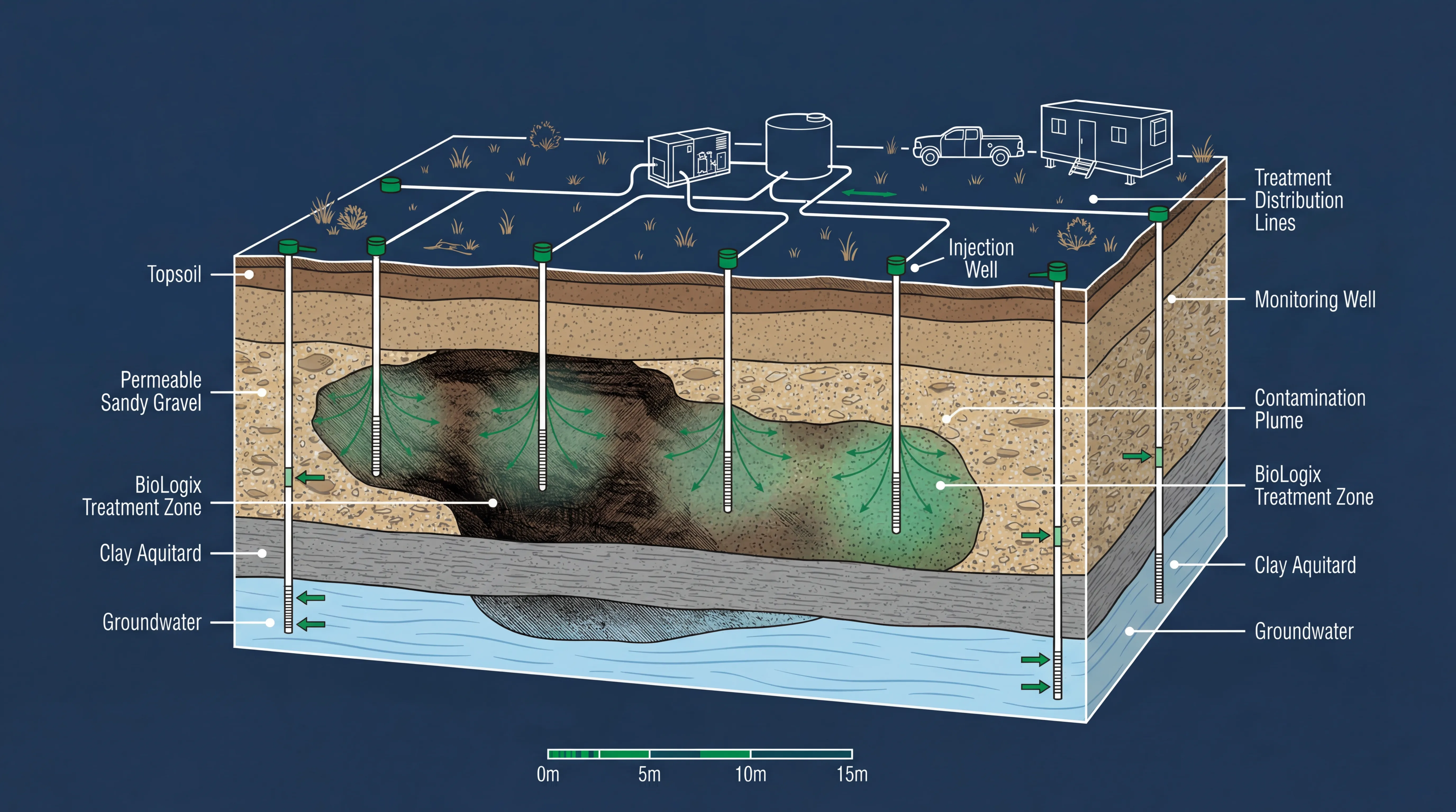 Geological cross-section showing in-situ soil treatment with injection wells, treatment zones, and monitoring wells