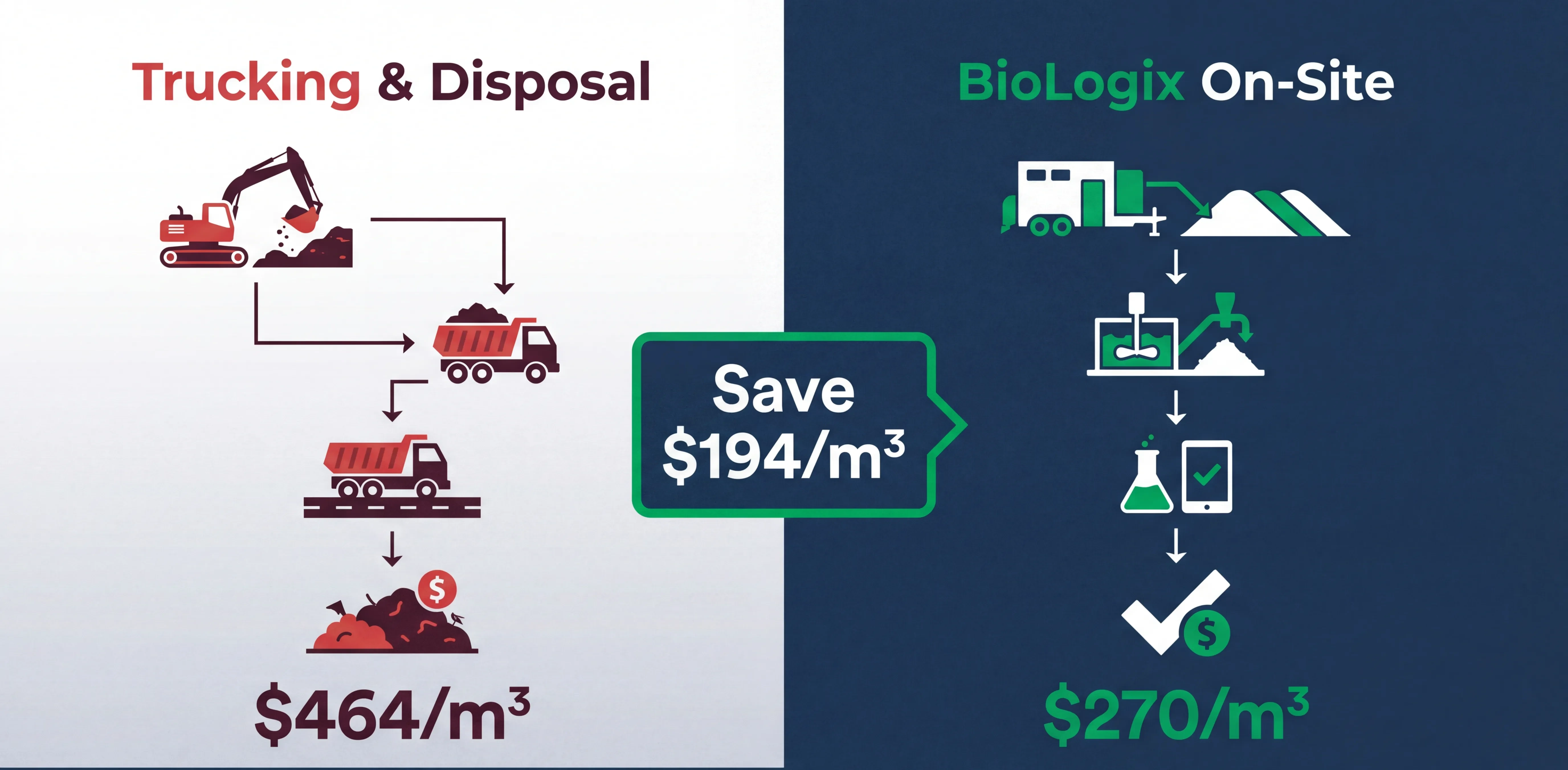 Cost comparison infographic: Trucking and disposal at $464/m³ vs BioLogix on-site treatment at $270/m³ — saving $194/m³ at an operating mine site in NWT