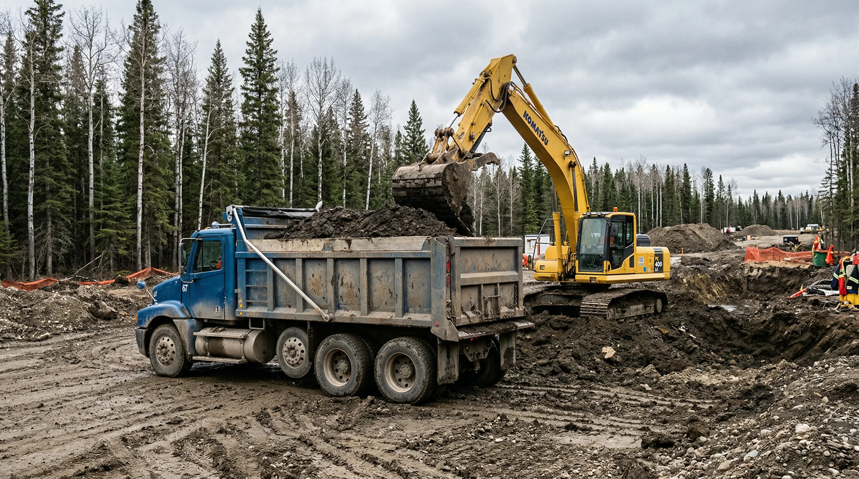 Dump truck being loaded with contaminated soil by excavator at a remediation site in northern Alberta boreal forest