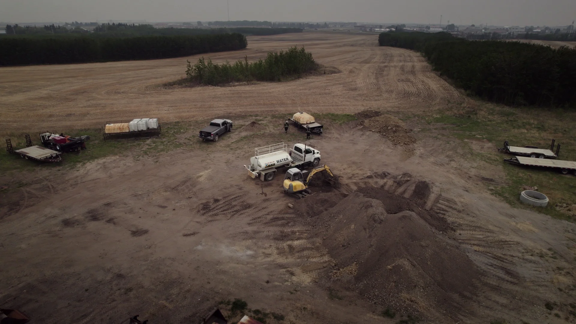 Aerial view of remediation site on prairie landscape during mobilization
